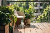 Fototapeta  - Beautiful balcony or terrace with wooden floor, chair and green potted flowers plants. Cozy relaxing area at home. Sunny stylish balcony terrace in the, Generative AI 