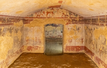 Sticker - Frescoes in ruins inside ancient etruscan tomb