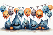Halloween Watercolor Illustration. Large Composition Of Stylized Orange And Purple Pumpkins, Ghost, Balloons, Bat, Autumn Leaves And Magic Mushrooms. Autumn, Holidays.