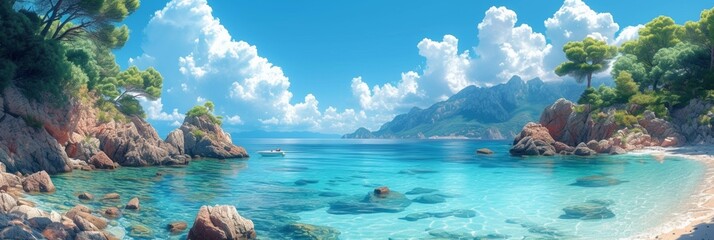 a beautiful beach scene with turquoise waters, mountainous backdrop, and a tranquil coastal ambiance