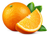 Fototapeta  - Orange slice isolated. Orange with slice and leaves on white background. Orange fruit with clipping path. Full depth of field.