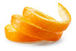 Orange twisted peel isolated. Orange fruit zest on white background. Citrus zest. Orange with clipping path. Full depth of field.