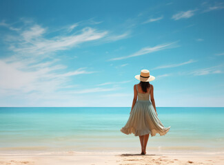 Wall Mural - Serene Vacation: A Young Asian Woman Standing on a White Sandy Beach, Enjoying the Blue Ocean Waves and the Warm Sun on a Sunny Summer Day