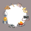 © Ekaterina - Watercolor adventure round background frame, camp symbols