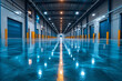 Glossy floor in a warehouse with blue doors and yellow pillars under bright lights