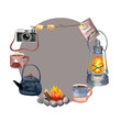 © Ekaterina - Watercolor adventure round background frame, camp symbols