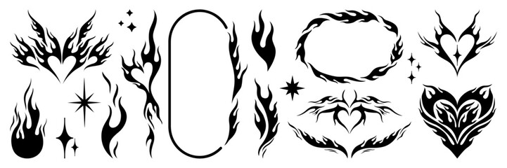 Fototapete - Set of y2k flame elements, star, fire and heart shape. Tattoo art hand drawn stickers. Aesthetic of 90s, 2000s. Vector isolated illustration.