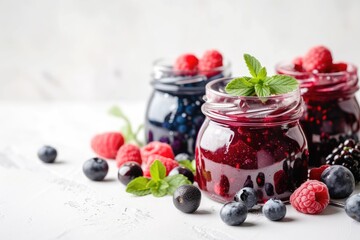 Poster - Blueberry raspberry and blackberry jam in glass jar on white table