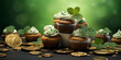 Golden pot of gold with shamrock clovers, A pot of clovers and coins with a green background.Saint patrick's day banner background with shamrock leaves hat generative ai

