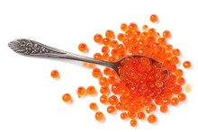 Caviar Eggs On White Background Scattered Flatly From Top View