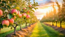 Fruit Farm With Apple Trees Branch With Natural Apples On Blurred Background Of Apple Orchard In Golden Hour Concept Organic Local Season Fruits And Harvesting Finest 