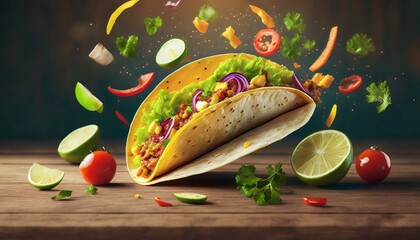 Wall Mural - hot and fresh taco with ingredients in motion an appetizing snapshot of culinary creativity 