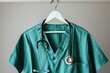 Closeup of a doctor s scrubs and stethoscope on hanger neutral background Green surgical smock on white hanger gray background copy space