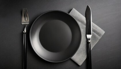 empty black plates with black cutlery and gray napkin on black table top view banner for website