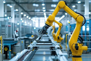 Fototapete - Robotic arm for electronic assembly line. Smart modern factory automation using advanced machines.