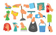 © vesvocrea - Set of cleaning hands gesture collection with holding scrub brush, squeeze sponge, rag, spray bottle, mirror cleaner, duster, trash bag, bucket, dustpan, plunger, household tools, vector illustration.