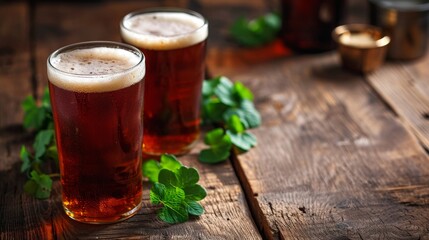 Two Pints of Red Ale with Clover Leaves