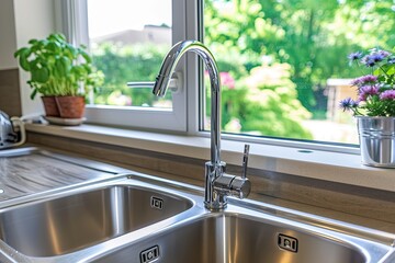 Wall Mural - Contemporary kitchen with dual sink near window