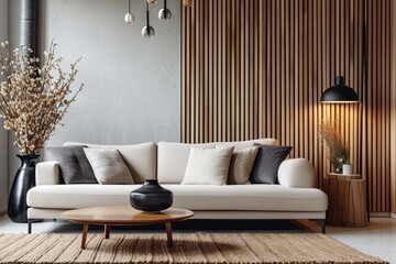 Wall Mural - Contemporary living room with cozy furniture carpeted floor table decor and wooden panel backdrop