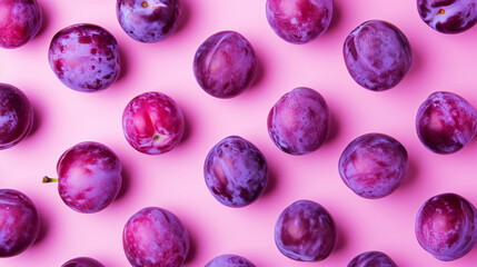 Trendy bright pattern of plums. Pastel hot pink background. Minimalist summer food concept. Generative AI