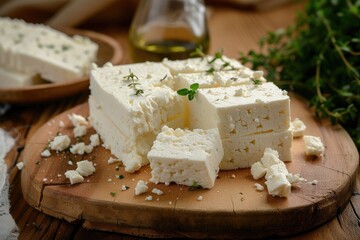 Wall Mural - Cow s milk feta cheese served on a wooden board