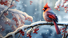Red Bird On A Branch In The Snow