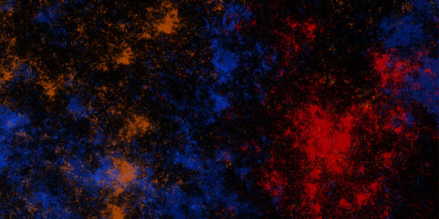 Star field background Aquamarine and dark red orange, navy blue and nebula universe. Cosmic neon light blue watercolor background aquarelle deep black Paper textured. Fantastic outer view space