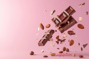 Poster - Floating milk chocolate bar with nuts and flakes on pink backdrop