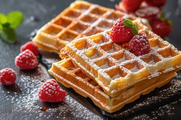 Wall Mural - Freshly made waffles from Belgium with icing sugar