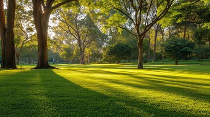 Wall Mural - Lush green lawn and trees in a public park with soft morning light, Horsham Botanic Gardens VIC Australia, perfect for text.