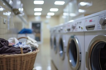 Poster - Laundry room with washing machines and clothes in basket