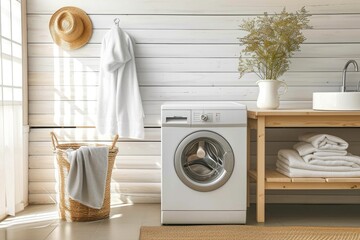 Wall Mural - Laundry room style washing machine vase of plants on a dirty clothes decor coffee table wooden bench with sink and towel