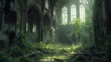 Gothic Church Interior With Ruins And Green Foliage