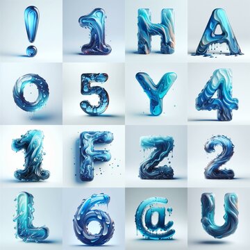 Blue glass 3D Lettering Typeface. AI generated illustration