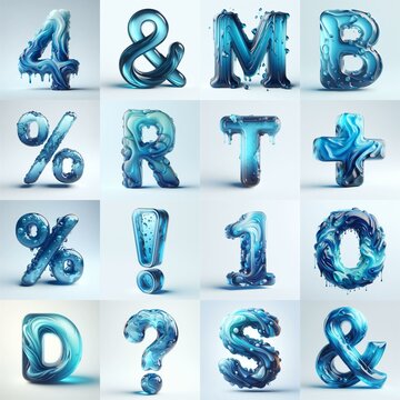 Blue glass 3D Lettering Typeface. AI generated illustration