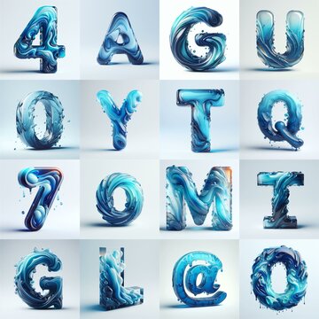Blue glass 3D Lettering Typeface. AI generated illustration