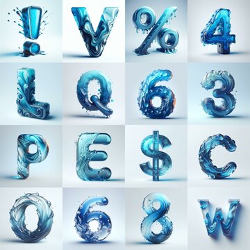 Blue glass 3D Lettering Typeface. AI generated illustration
