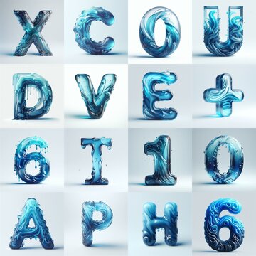 Blue glass 3D Lettering Typeface. AI generated illustration