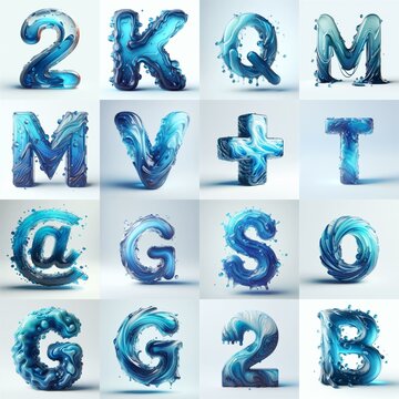 Blue glass 3D Lettering Typeface. AI generated illustration