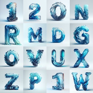 Blue glass 3D Lettering Typeface. AI generated illustration