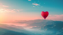 Lovely Crimson Hot Air Balloon Heart Silhouette In A Sunny Morning Sky With Misty Mountains, Perfect For A Romantic Valentine's Day Adventure.