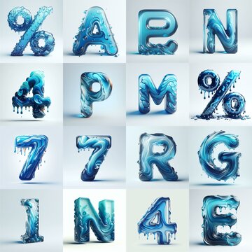 Blue glass 3D Lettering Typeface. AI generated illustration