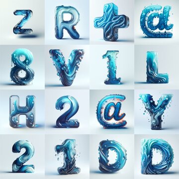 Blue glass 3D Lettering Typeface. AI generated illustration
