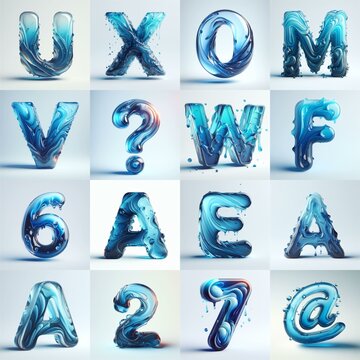 Blue glass 3D Lettering Typeface. AI generated illustration