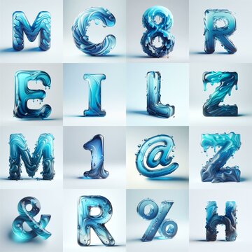 Blue glass 3D Lettering Typeface. AI generated illustration
