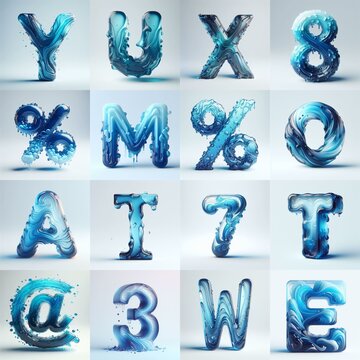 Blue glass 3D Lettering Typeface. AI generated illustration