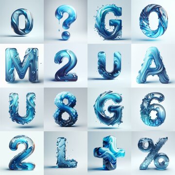 Blue glass 3D Lettering Typeface. AI generated illustration