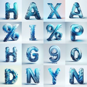 Blue glass 3D Lettering Typeface. AI generated illustration