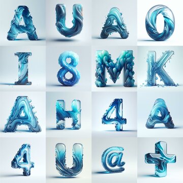 Blue glass 3D Lettering Typeface. AI generated illustration