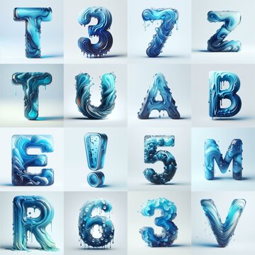 Blue glass 3D Lettering Typeface. AI generated illustration